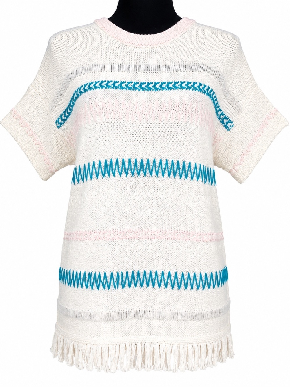 NWT Etcetera Size M Textured Knit Fringe Hem Short Sleeve Sweater Tunic